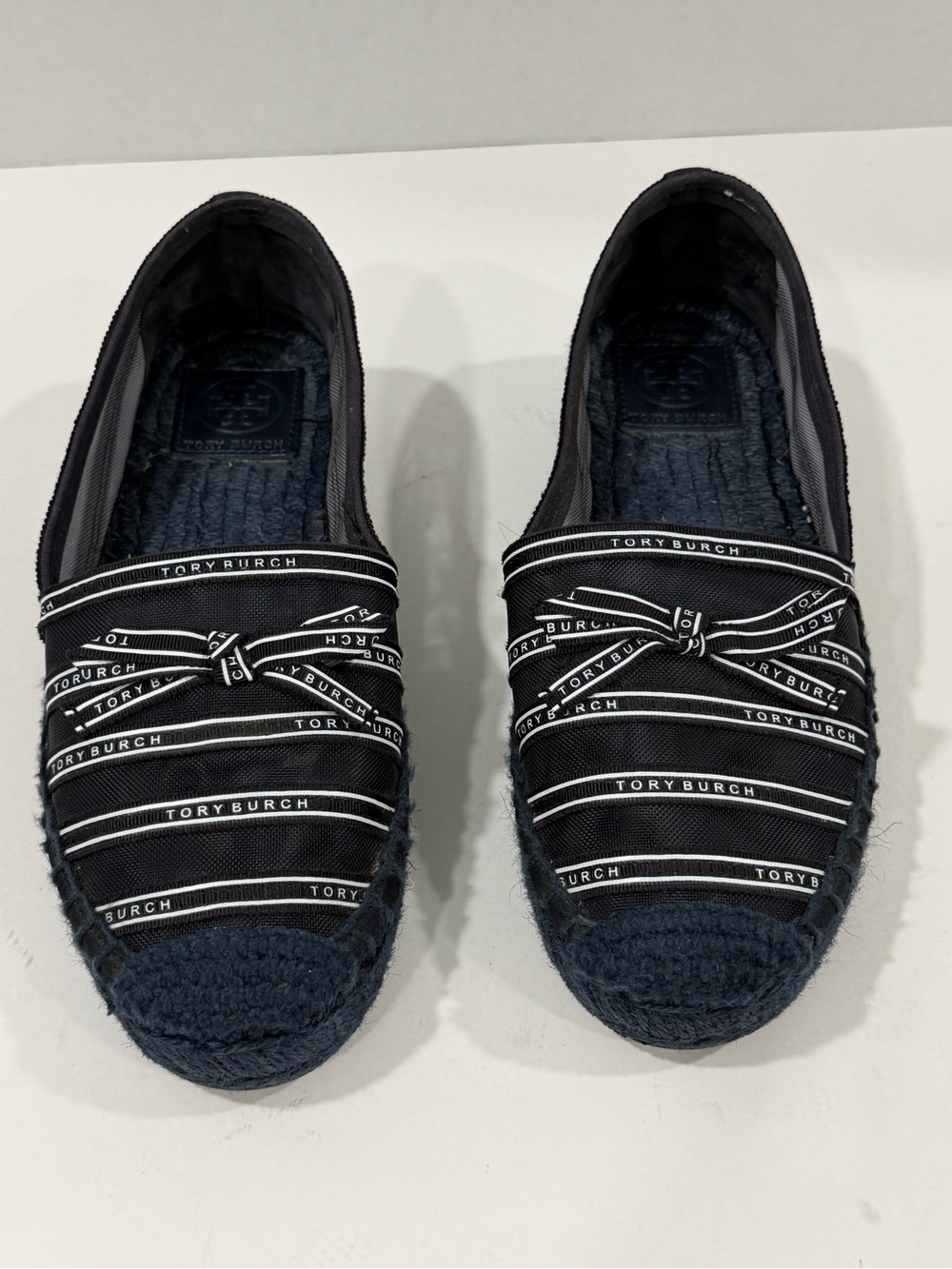 Tory Burch Penelope Navy Mesh Platform Espadrille With Grosgrain Ribbon Sz 7